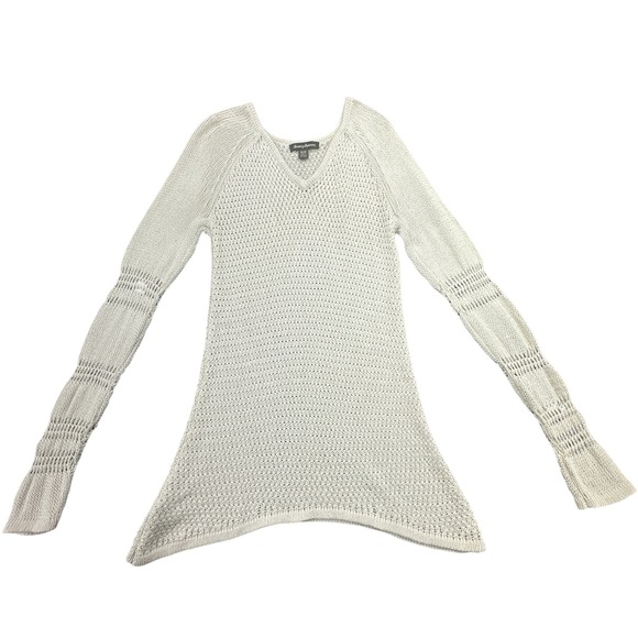 Tommy Bahama Sweaters - Tommy Bahama Womens Ivory V-Neck Crochet Knit Sharkbite Hem Tunic Sweater Size M